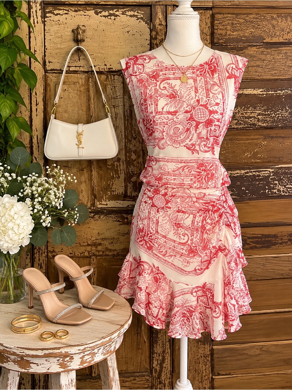 Express Red White Paisley Scarf Print Mini Dress | Ruffle Hem | Size XL